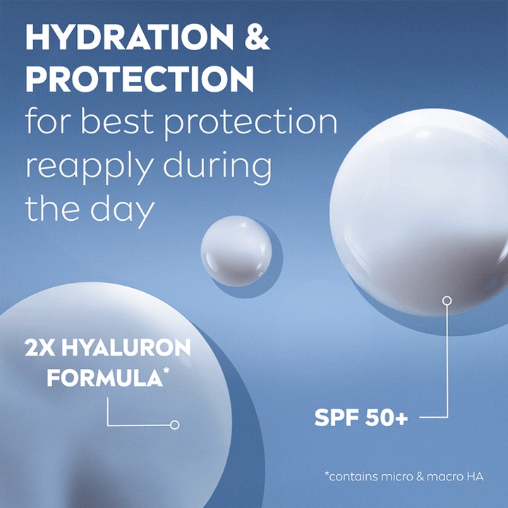 NIVEA Cellular Expert Filler 30 ml ansiktsserum med SPF 50 og hyaluronsyre i en grafisk teksturoversikt.