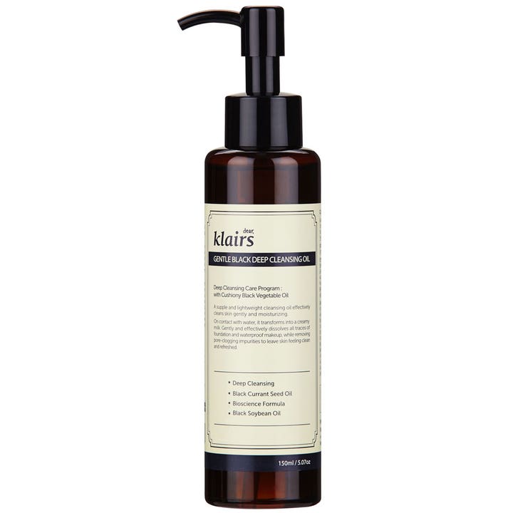Dear Klairs Gentle Black Deep Cleansing Oil 150ml dyprensende renseolje i mørkebrun flaske med svart pumpe.