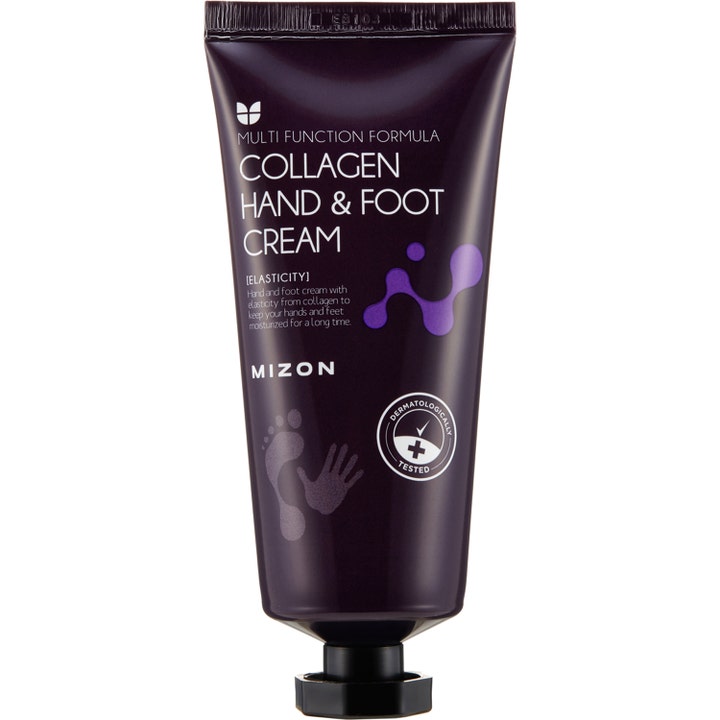 Mizon Collagen Hand & Foot Cream fuktighetsgivende krem i mørk lilla tube som gir elastisitet til hender og føtter.