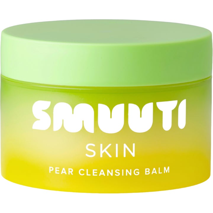 Smuuti Skin Pear Cleansing Balm fuktighetsgivende rensebalm i en gul og grønn krukke med lysegrønt lokk.