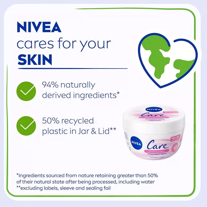 NIVEA Care Soothing Cream 200 ml beroligende krem med 94% naturlige ingredienser i hvit boks av resirkulert plast