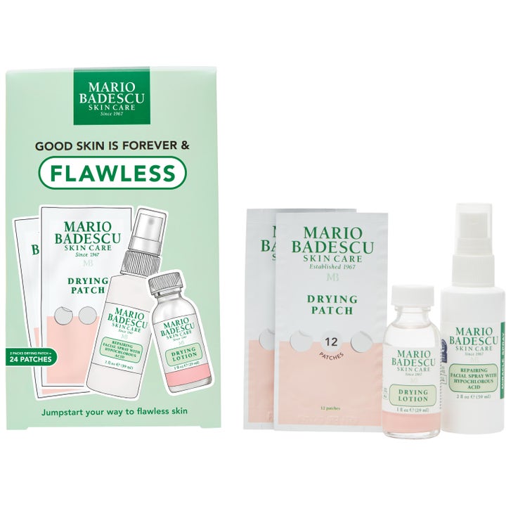 Mario Badescu Good Skin Is Forever & Flawless sett mot kviser med Drying Lotion, spray og patches i grønn eske.