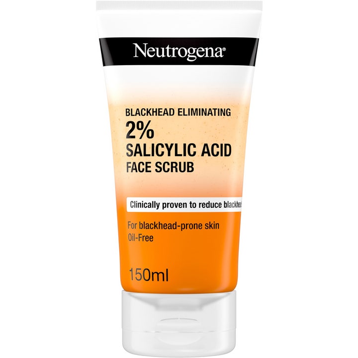Neutrogena Blackhead Eliminating Face Scrub 150ml fjerner hudormer med salisylsyre i hvit og oransje tube