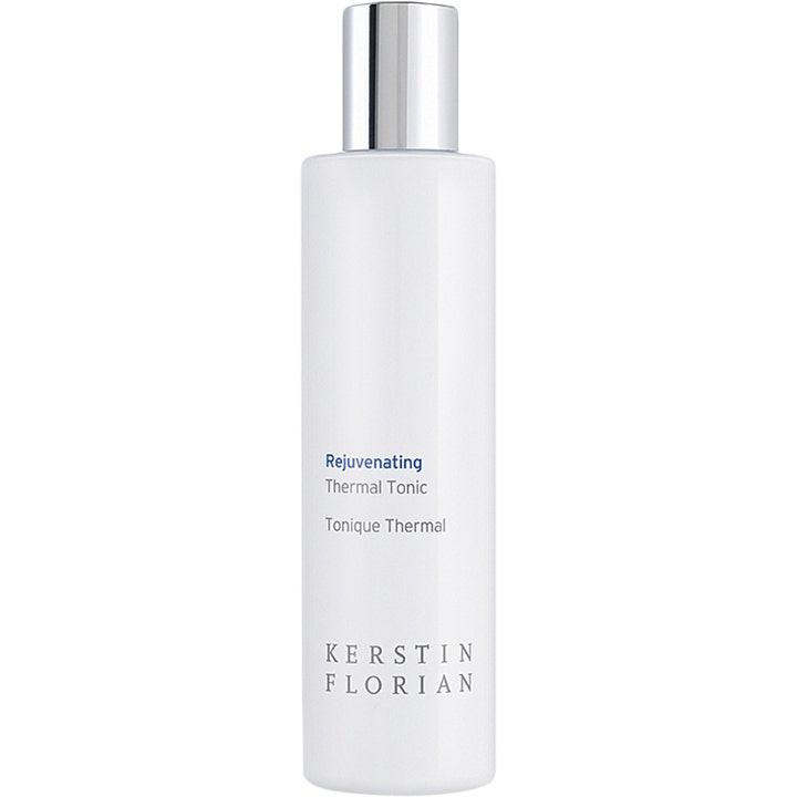 Kerstin Florian Rejuvenating Thermal Tonic fornyende ansiktsvann i hvit sylindrisk flaske med blank sølvkork.
