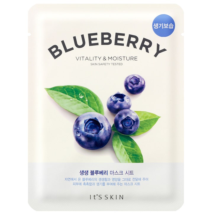 It'S SKIN Blueberry Vitality & Moisture maskark som gir glød med blåbærillustrasjon på hvit emballasje