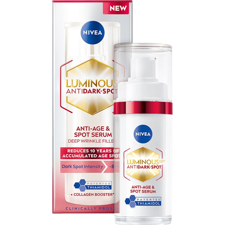 Nivea Luminous 630 Anti-Age & Spot Serum 30ml mot pigmentflekker i hvit pumpeflaske med røde detaljer og eske.