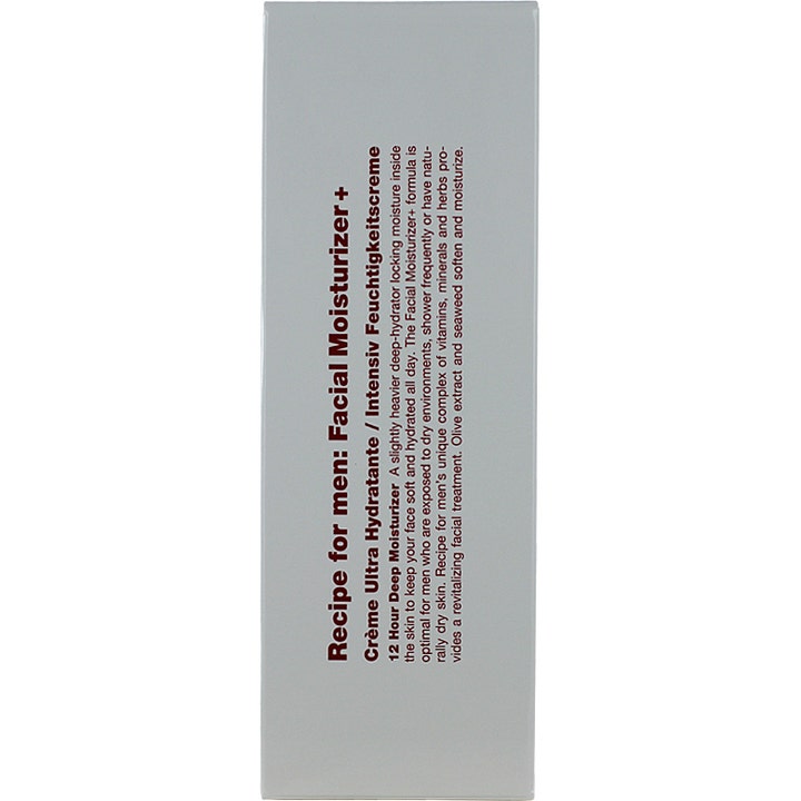 Recipe for men Facial Moisturizer + 75 ml fuktighetskrem i lysegrå eske med informativ tekst på siden