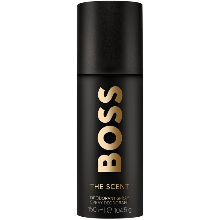 BOSS The Scent 150 ml deodorant spray gir friskhet i en stilren matt svart beholder med stor logo i gull.