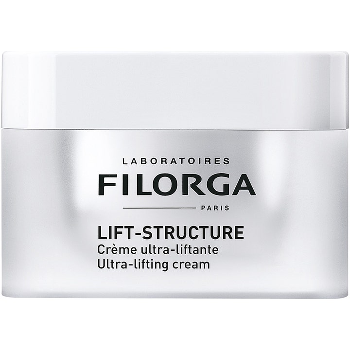 Filorga Lift-Structure 50ml oppstrammende ansiktskrem som gir løft i en sølvfarget krukke med hvitt lokk.