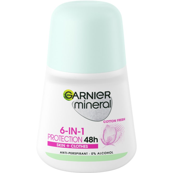 Garnier Mineral 6-in-1 Protection 48h Cotton Fresh 50ml roll-on deodorant i hvit flaske med lyseblått lokk