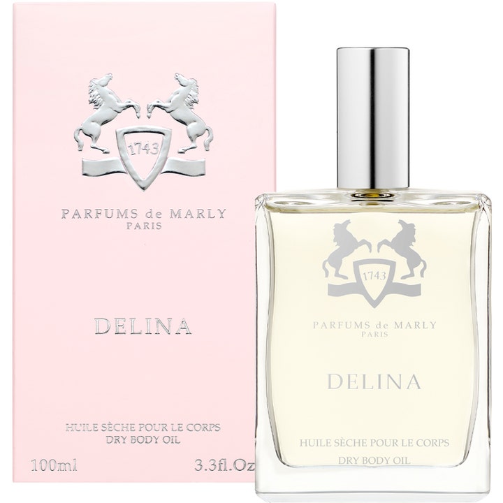Parfums de Marly Delina Body Oil 100 ml fuktighetsgivende kroppsolje i glassflaske med sølvkork og rosa eske.