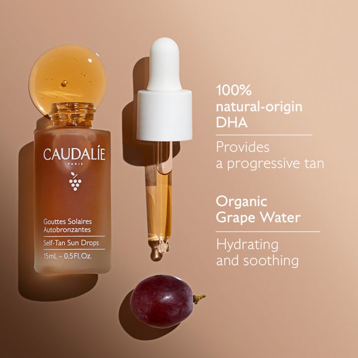 Caudalie Self-Tan Sun Drops 15 ml fuktighetsgivende tanning drops med naturlig DHA i glassflaske med pipette.