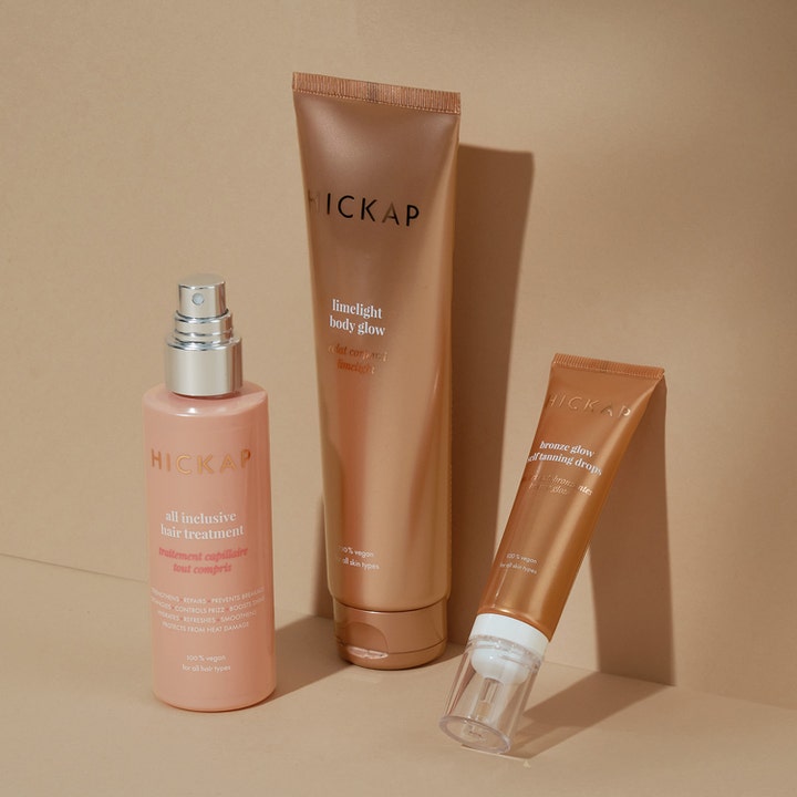 Hickap Bronze Glow Self Tanning Drops 30 ml brun uten sol i tube vist med andre Hickap-produkter