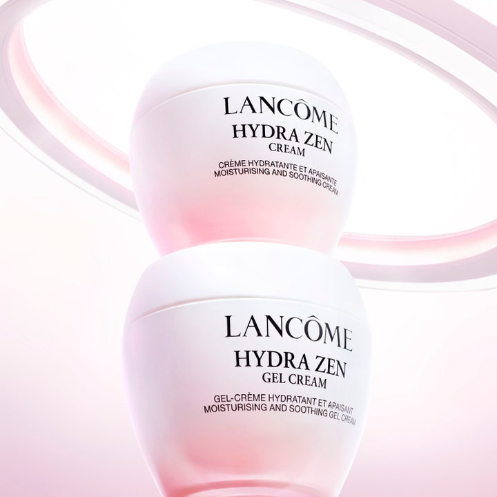 Lancôme Hydra Zen Anti-Stress Day Cream 50 ml beroligende dagkrem i to rosa krukker foran lysende ringer