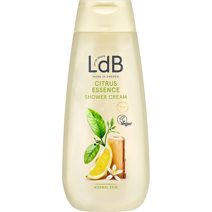 LdB Citrus Essence Shower Cream 250ml pleiende dusjkrem i beige flaske dekorert med sitrusfrukt og grønne blader.