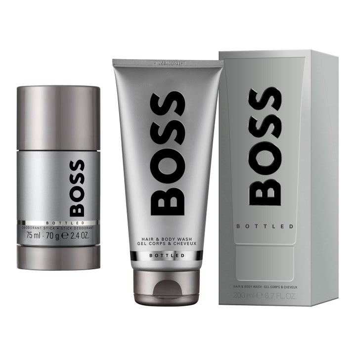 Hugo Boss Bottled 75ml deodorant og dusjsåpe for menn i elegante sølvfargede beholdere med klassisk sort logo.