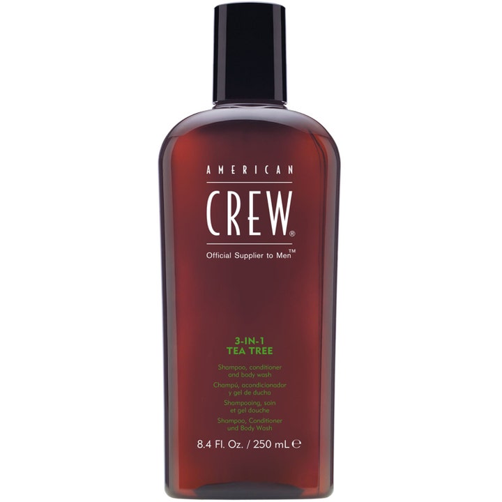 American Crew 3-IN-1 Tea Tree 250 ml rensende sjampo og balsam i en brun transparent flaske med sort lokk.