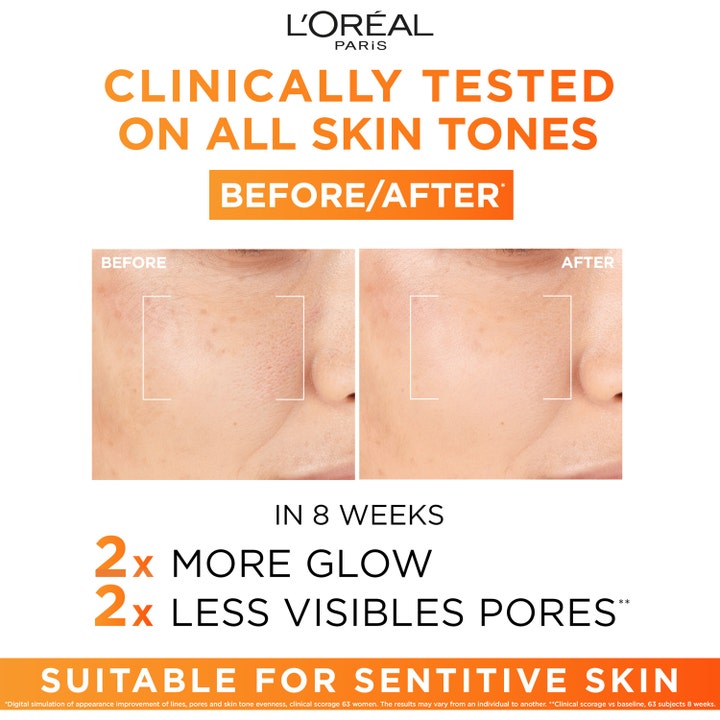 L'Oréal Paris Revitalift Clinical 12% Vitamin C Serum 30 ml før og etter bilder som gir mer glød og mindre synlige porer