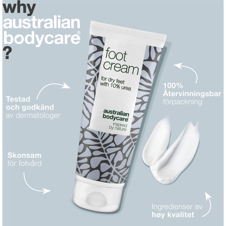 Australian Bodycare Foot Cream 100 ml pleiende fotkrem for tørre føtter med 10% urea og hvit kremet tekstur