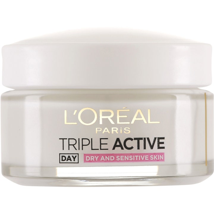 L'Oréal Paris Triple Active 50 ml fuktighetsgivende dagkrem for tørr og sensitiv hud i en glasskrukke med hvitt lokk