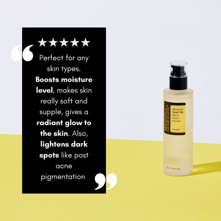 COSRX Advanced Snail 96 Essence 100 ml fuktighetsgivende hudpleie med snigelslim som gir glød i en pumpeflaske.