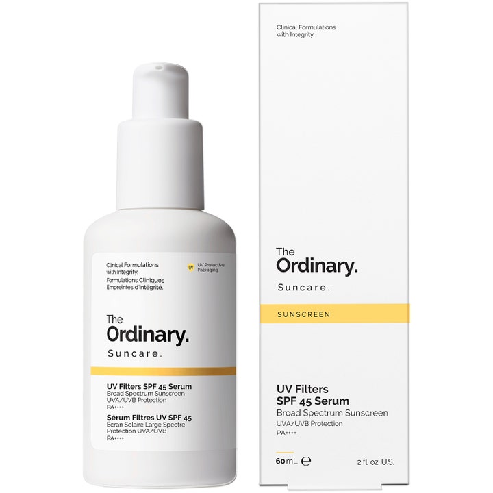 The Ordinary UV Filters SPF 45 Serum 60 ml solkrem i hvit pumpeflaske og eske med gul stripe