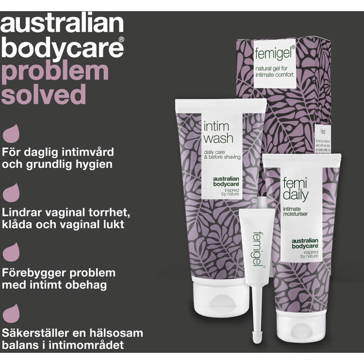 Australian Bodycare Intimate Treatment Kit 325 ml lindrer intimt ubehag med hvite tuber med lilla bladmønster.