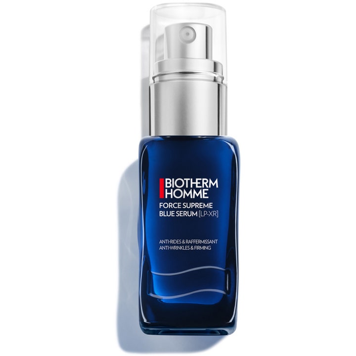 Biotherm Homme Force Supreme Blue Serum 50 ml oppstrammende serum gir fastere hud i mørkeblå glassflaske med sølvpumpe