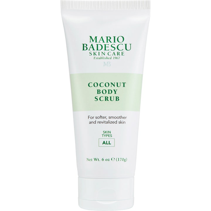 Mario Badescu Coconut Body Scrub 170g eksfolierende kroppsskrubb for mykere hud i hvit tube med grønn detalj