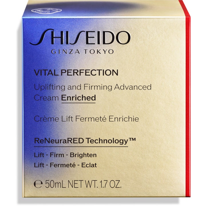 Shiseido Vital Perfection Advanced Cream Enriched 50 ml oppstrammende dagkrem i blå og gullfarget eske med rød stripe
