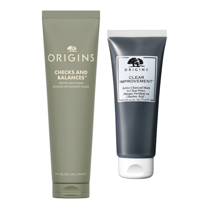 Origins Checks and Balances 150 ml og Clear Improvement 75 ml ansiktsrens og kullmaske i grønn og mørkegrå tube
