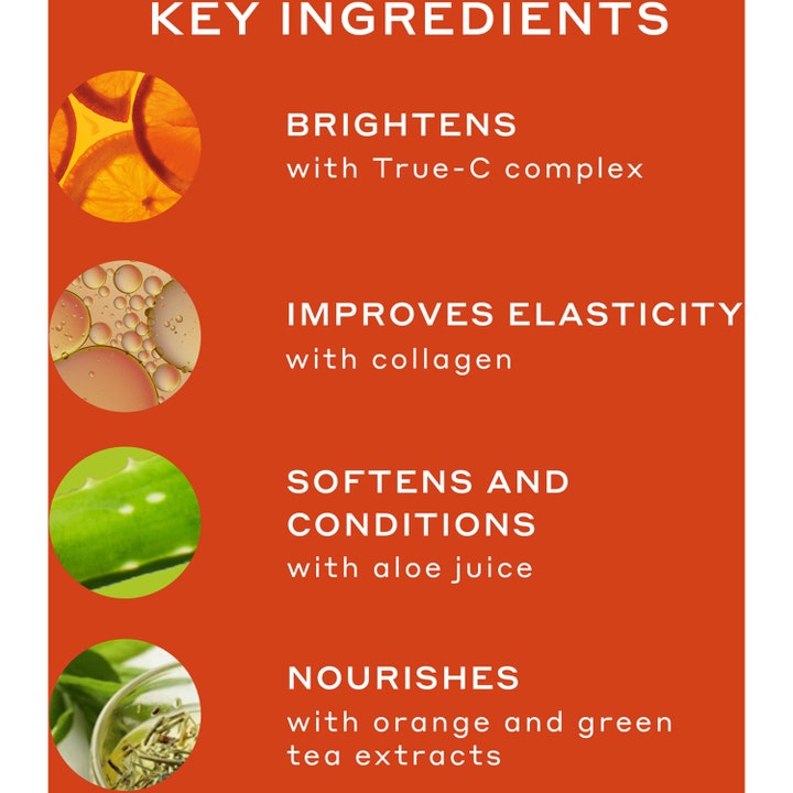 Ole Henriksen Truth Serum 30 ml vitamin C-serum med infografikk over ingredienser som kollagen og aloe juice.