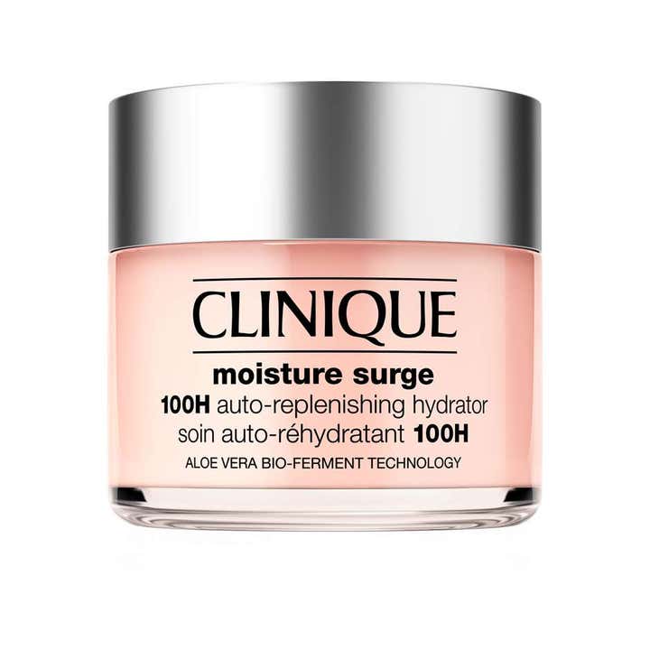 Clinique Moisture Surge 100H fuktighetsgivende ansiktskrem i glasskrukke med rosa gelkrem og sølvlokk