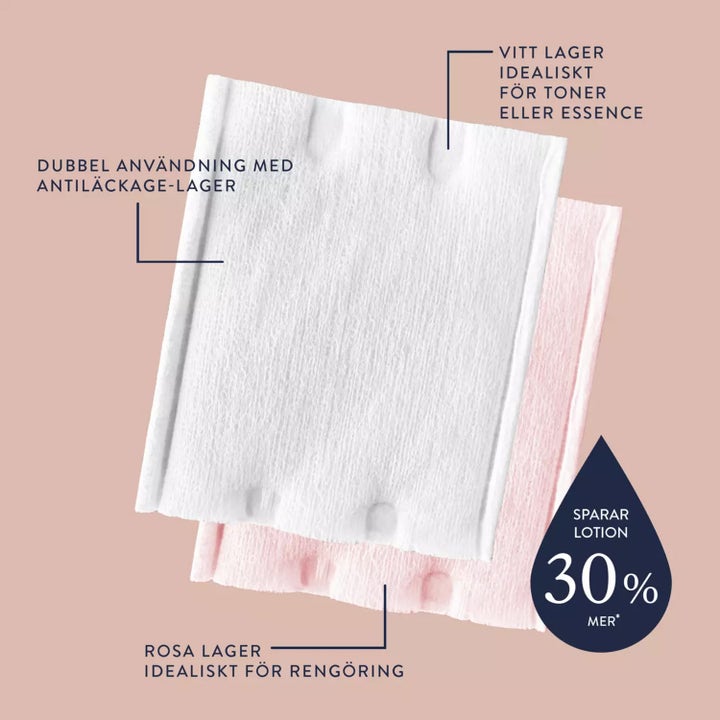 Topz Premium The Toner Pad 50 stk hudpleieverktøy med hvite og rosa lag som sparer 30 prosent lotion.