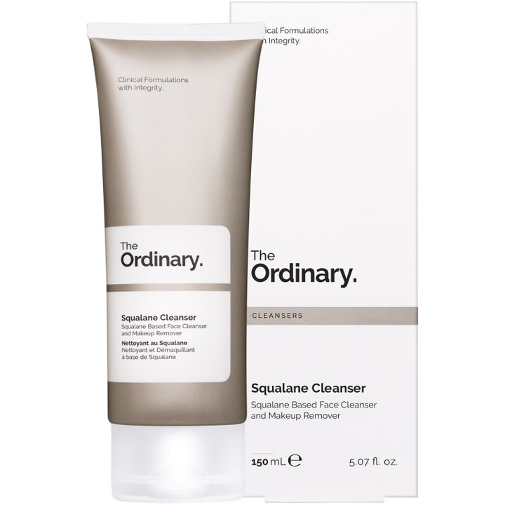 The Ordinary Squalane Cleanser 150 ml fuktighetsgivende ansiktsrens og sminkefjerner i grå tube med hvit eske