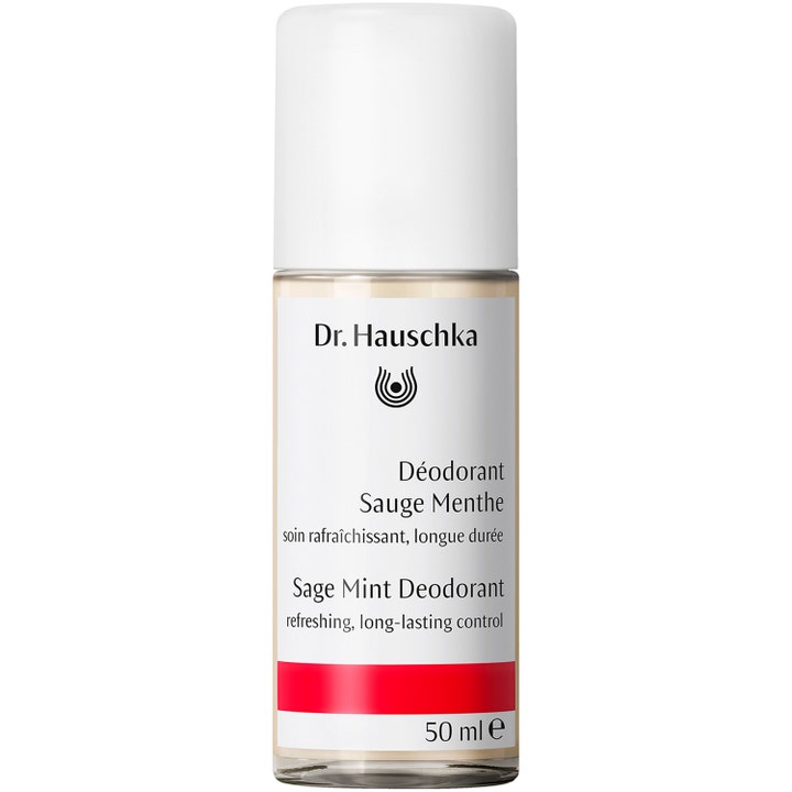 Dr. Hauschka Sage Mint Deodorant 50 ml oppfriskende roll-on i hvit flaske med rød stripe som gir langvarig kontroll