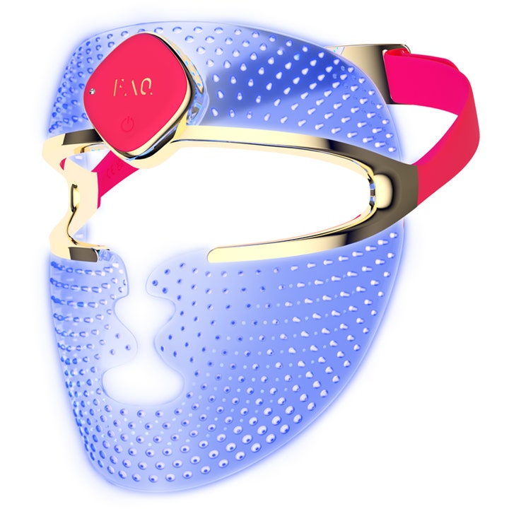 FAQ Swiss 201 Silicone RGB LED Face Mask 1 stk hudpleie for glød i blå gjennomsiktig silikon med gullramme og rødt bånd