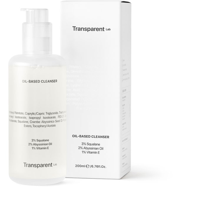 Transparent Lab Oil-Based Cleanser 200 ml ansiktsrens med squalane og vitamin E i hvit pumpeflaske med eske