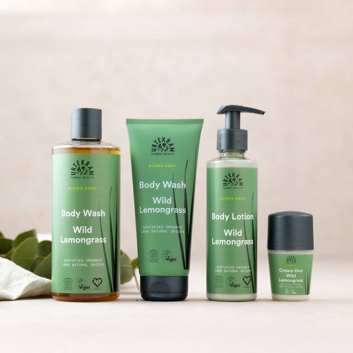 Urtekram Body Wash Wild Lemongrass 200 ml vegansk dusjsåpe vist i en produktserie med grønn og sort emballasje.