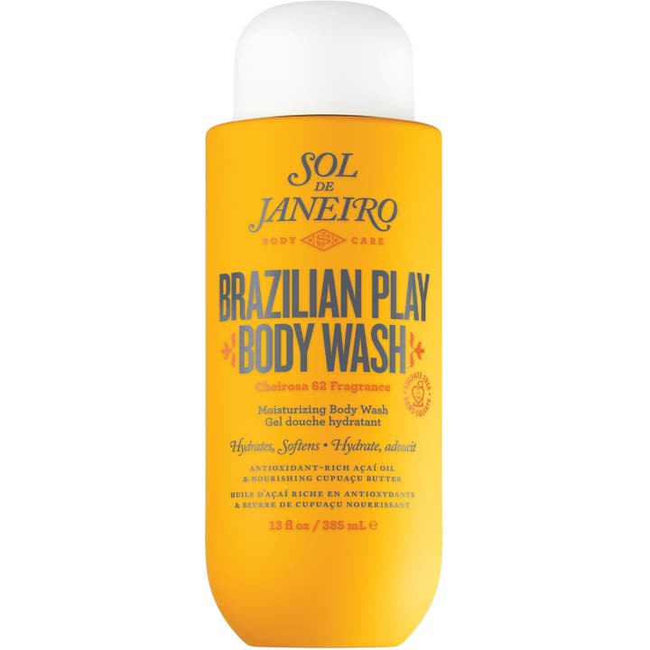 Sol de Janeiro Brazilian Play Body Wash 385 ml fuktighetsgivende dusjsåpe i gul plastflaske med hvit kork og blå tekst