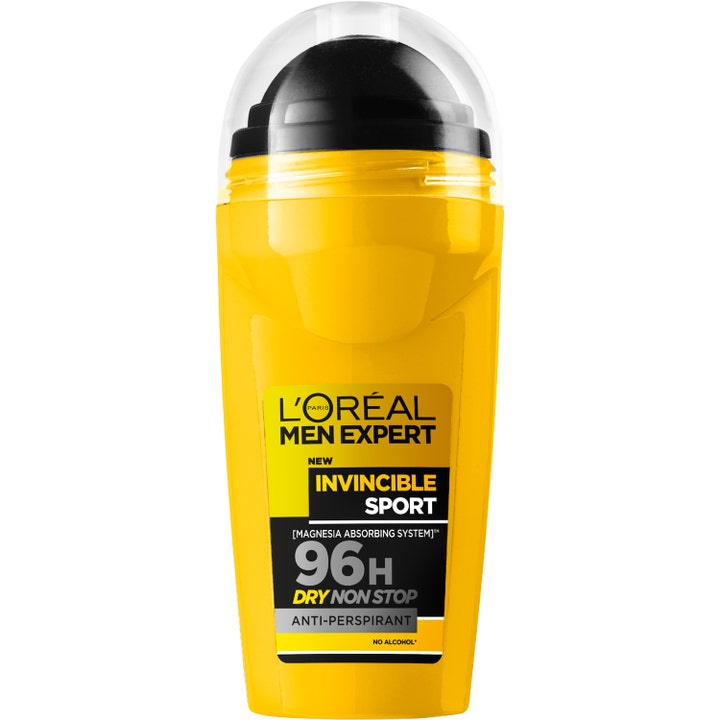 L'Oréal Men Expert Invincible Sport 50ml antiperspirant gir 96 timer tørrhet i gul flaske med sort kule og klar kork.