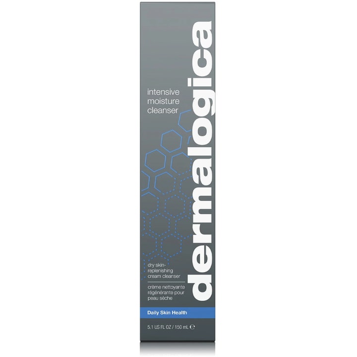 Dermalogica Intensive Moisture Cleanser 150 ml fuktighetsgivende ansiktsrens i grå eske med blått sekskantmønster.