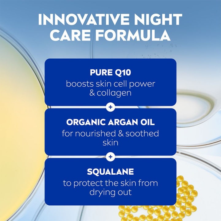 NIVEA Q10 Extra Nourish Night Cream 50 ml nattkrem med infografikk om Q10 arganolje og squalane for pleid hud