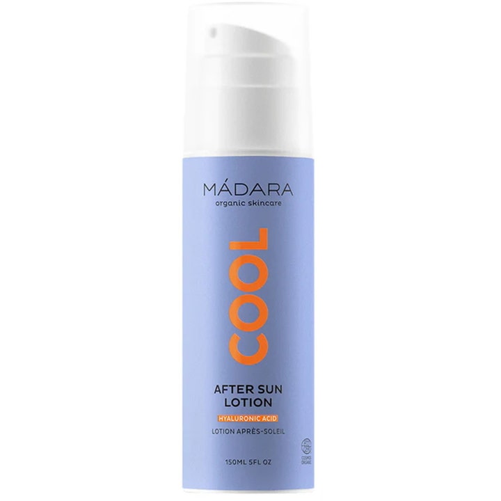 Mádara Cool After Sun Lotion 150ml fuktighetsgivende aftersun med hyaluronsyre i lyseblå pumpeflaske med oransje tekst.