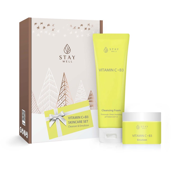 Stay Well Vitamin C+B3 Skincare Set med renseskum og emulsjon som gir glød i en dekorativ gaveeske
