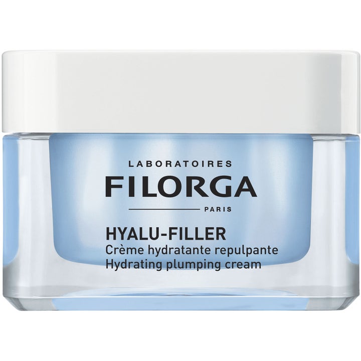 Filorga Hyalu-Filler fuktighetsgivende og utfyllende ansiktskrem i en lyseblå glasskrukke med et hvitt firkantet lokk