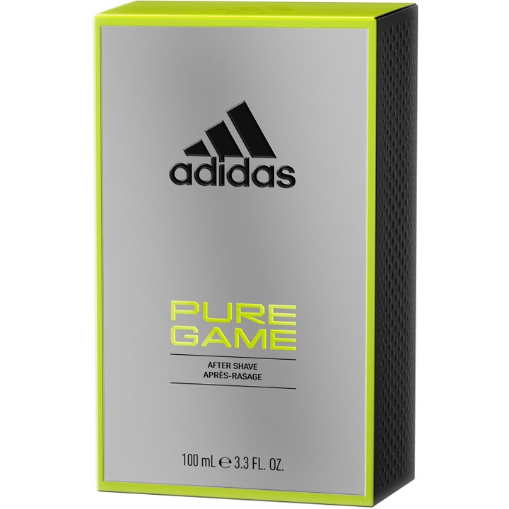 Adidas Pure Game For Him 100 ml beroligende after shave i sølvfarget eske med neon-gule detaljer og svart logo