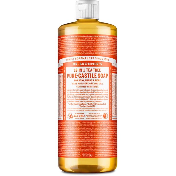 Dr. Bronner's 18-in-1 Tea Tree Pure-Castile Soap 945 ml i gjennomsiktig flaske med oransje etikett