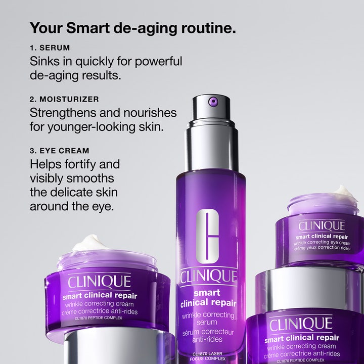 Clinique Smart Clinical Repair hudpleierutine med serum og ansiktskrem i lilla krukker og flaske.