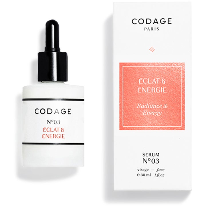 Codage N°03 Eclat & Energie 30 ml glødgivende ansiktsserum i hvit frostet glassflaske med svart pipette og hvit eske